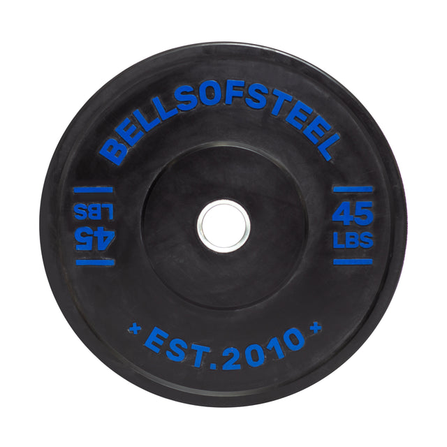 The Dead Bounce Conflict Bumper Plate by Bells of Steel is a black virgin rubber plate with blue "BELLSOFSTEEL," "45 LBS," and "EST. 2010" lettering, featuring a stainless steel insert and center opening for barbell use.