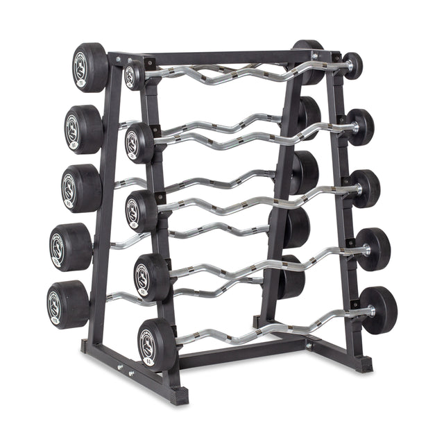 Fixed barbell rack with capacity for various weights, ensuring neat and secure storage.