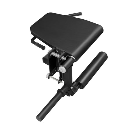 Bells of Steel Leg Curl / Leg Extension Rack Attachment in black, featuring a padded seat, two handles, and a cylindrical leg roller.