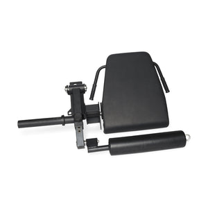 The Bells of Steel Leg Curl / Leg Extension Rack Attachment is a black adjustable bench accessory with padded support, handles, and cylindrical rollers for leg workouts. It clips onto a power rack or bench to enhance home gym exercises.