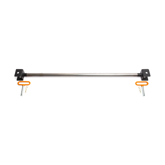 The Bells of Steel Adjustable Pull-up Bar Rack Attachment features a metal rod with black brackets on either end, each bracket having a small orange handle with a key. It is set against a white background.