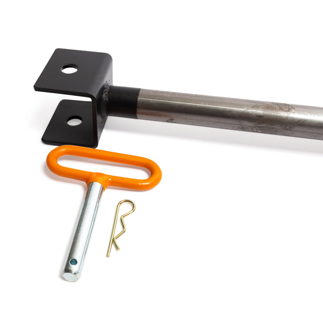 The Adjustable Pull-up Bar Rack Attachment by Bells of Steel features a black bracket, cylindrical rod, orange-handled tool, and small metal pin on a white background.