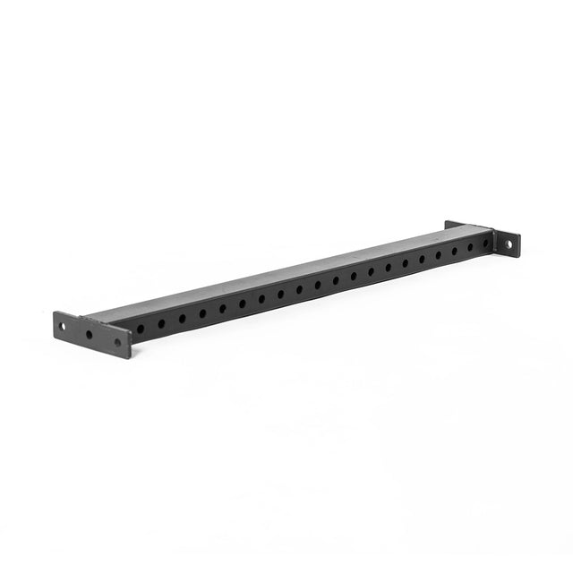 The Hydra Flat Foot Components by Bells of Steel is a black metal pull-up bar with mounting holes, ideal for attaching to walls or ceilings. It perfectly complements power racks and is displayed against a white background.