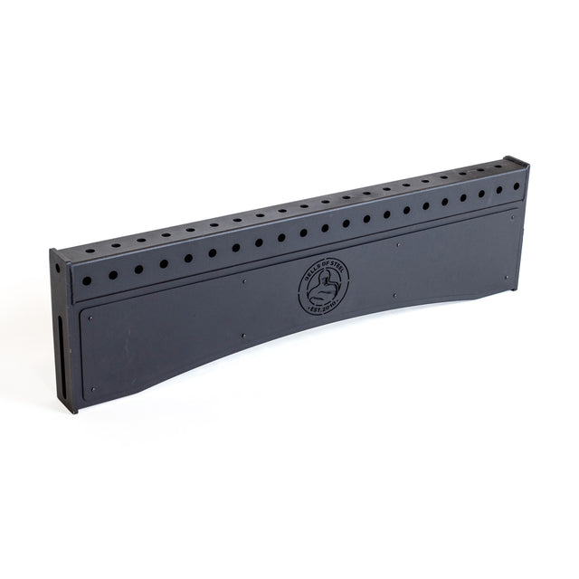 The Logo Plate Crossmembers by Bells of Steel is a long, black, rectangular rack with multiple small holes on top. Elegantly featured in the center is a logo with the outline of a person. This versatile structure is perfect for organizing or displaying items with style and efficiency.