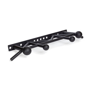 The Bells of Steel Globe Pull Up Bar is a black metal pull-up bar with multiple Globe Grip spheres and angled handles, mounted on a flat backplate with holes for wall installation—perfect for strength training.
