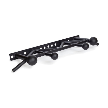 The Bells of Steel Globe Pull Up Bar is a black metal pull-up bar with multiple Globe Grip spheres and angled handles, mounted on a flat backplate with holes for wall installation—perfect for strength training.