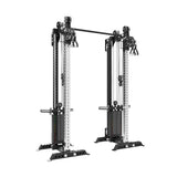 The Bells of Steel Oblivyon Tower - 3" x 3” Cable Tower Squat Stands is a free-standing unit with dual adjustable cable towers, weight stacks, and a pull-up bar for strength training and versatile resistance exercises.