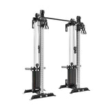 The Bells of Steel Oblivyon Tower - 3" x 3” Cable Tower Squat Stands features weight stacks, pulleys, handles, and a pull-up bar for versatile strength training and cable exercises in any gym.