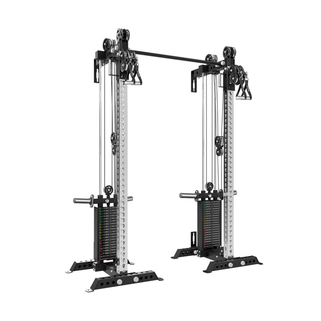 The Bells of Steel Oblivyon Tower - 3" x 3” Cable Tower Squat Stands features weight stacks, pulleys, handles, and a pull-up bar for versatile strength training and cable exercises in any gym.