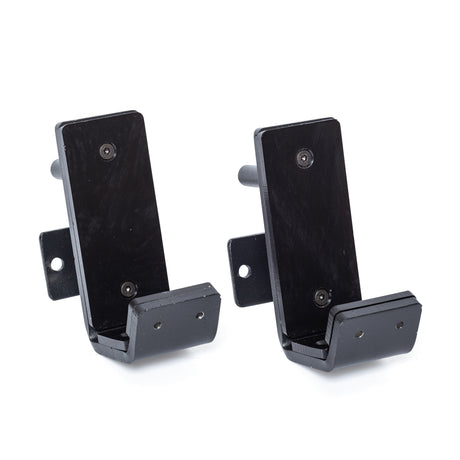 Two black Bells of Steel Standard J-Cups, featuring rectangular backplates and small support arms, are displayed side by side on a white background.