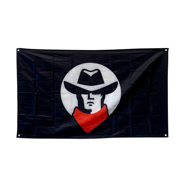 Transform your home gym with the Bells of Steel Flags, showcasing a striking black design featuring a white circle with an illustration of a cowboy in a wide-brimmed hat and red bandana.