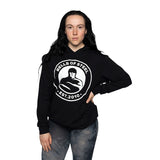Female model standing wearing Bos Classic hoodie and holding her left waist.
