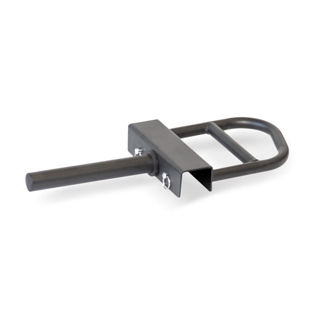 The Bells of Steel Lever Arms Rack Attachment is a sleek and sturdy accessory with a square receiver mount and curved step bar, designed for vehicle hitch attachment. Its dark finish enhances rear access, while its robust design resembles that of Olympic weight plates.