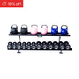 A red “10% off” label appears on the top left of the Bells of Steel Commercial Interchangeable Weight Rack, which holds three black, two pink, and two blue competition kettlebells above black urethane dumbbells on its swappable bottom shelf.
