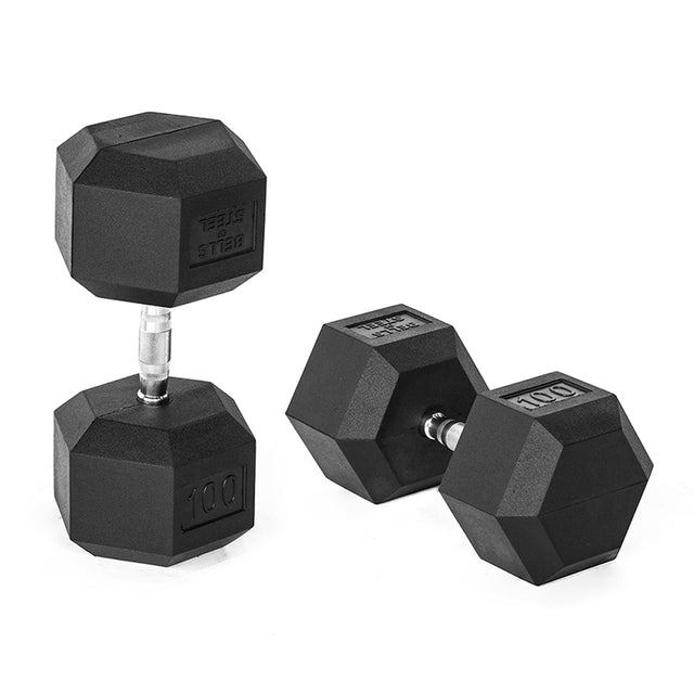 Two "Bells of Steel" Ergo Rubber Hex Dumbbells, one upright and the other on its side, rest on a white background. These commercial-grade dumbbells have the number "100" embossed on them, highlighting their heavyweight design.