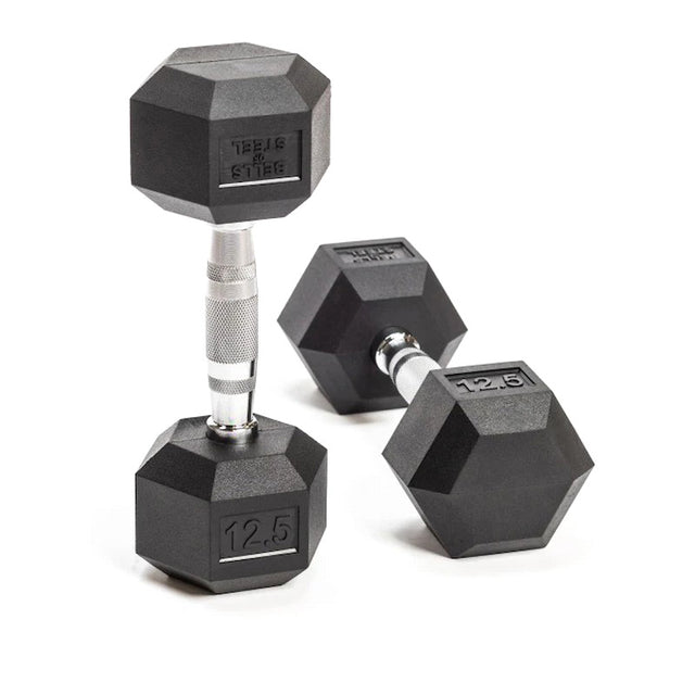 On a white background, two Bells of Steel Ergo Rubber Hex Dumbbells with black recycled rubber-coated weights and sleek chrome-plated handles are labeled "12.5.