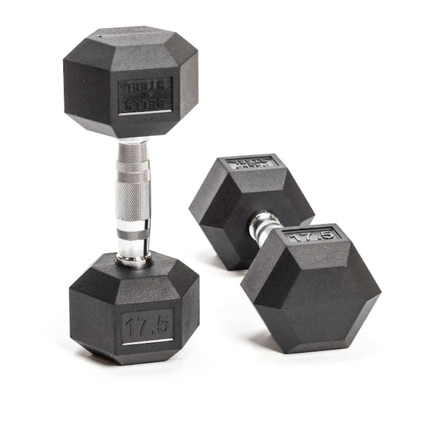 Two Bells of Steel Ergo Rubber Hex Dumbbells, each 17.5 kg and made from recycled rubber, rest on a white background: one upright, the other on its side, showcasing its textured handle and weight inscription.