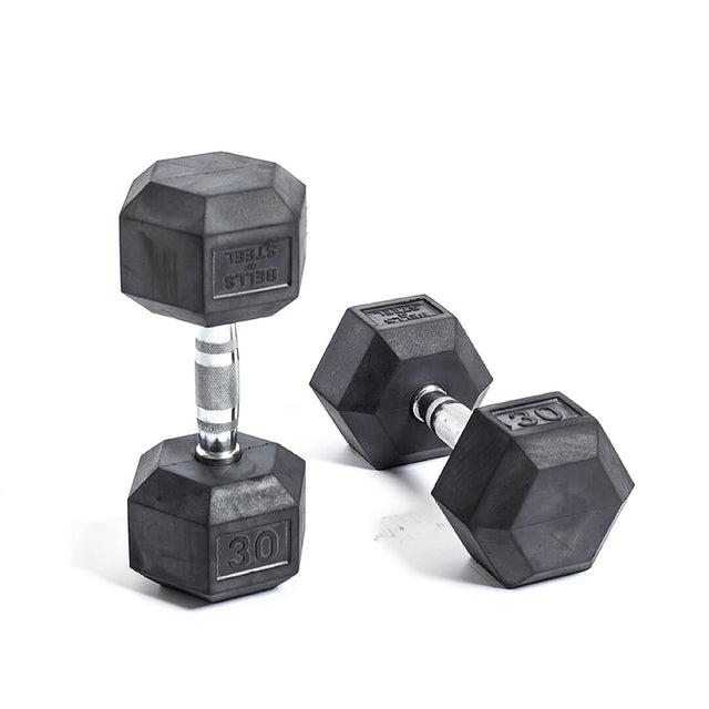 Two black Ergo Rubber Hex Dumbbells from Bells of Steel with ergonomic grips and silver handles rest on a white surface. The number "30" is visible, indicating they are 30 pounds each.