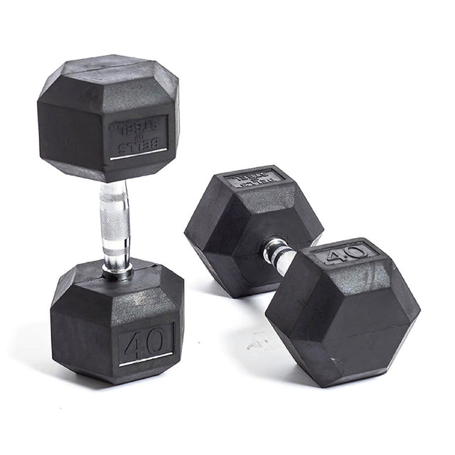 Two Bells of Steel Ergo Rubber Hex Dumbbells, each 40 pounds, sit on a white surface. One is upright, and the other tilts slightly. They have black rubber hexagonal ends with an ergonomic metallic grip.