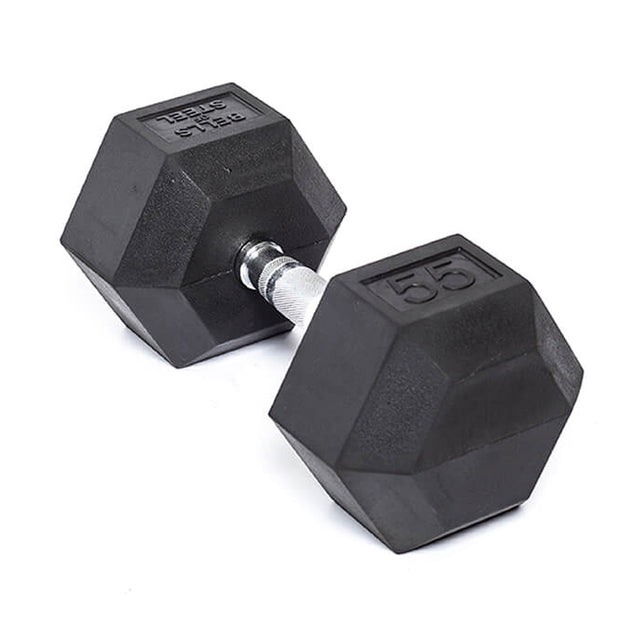 The Bells of Steel Ergo Rubber Hex Dumbbell, weighing 55 pounds with an ergonomic silver grip handle, is displayed on a white background.