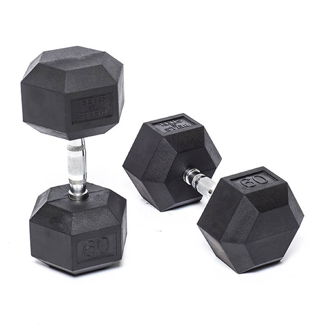 Two black Ergo Rubber Hex Dumbbells by Bells of Steel rest on a white background, showcasing their commercial-grade design. Each shows "60," with hexagonal shapes and metallic handles featuring ergonomic grips for improved comfort and control during workouts.