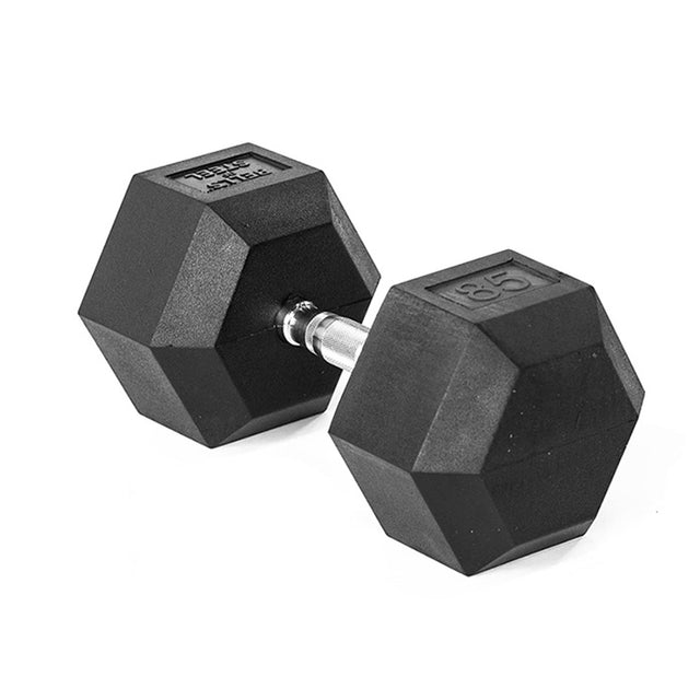 A Bells of Steel Ergo Rubber Hex Dumbbell is shown centered on a white background. Featuring an ergonomic grip and silver handle, the dumbbell displays "15" for 15 pounds on its weight as it rests diagonally, showcasing both commercial-grade ends.