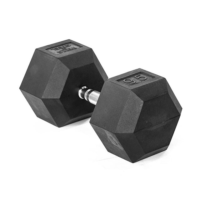 A Bells of Steel Ergo Rubber Hex Dumbbell, commercial-grade with a black rubber coating and ergonomic metal handle, marked "95" on the end, sits on a pristine white background.