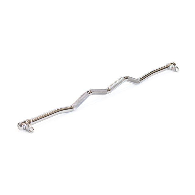 The Bells of Steel Double Hook EZ Curl Bar Cable Attachment features knurled grips, rotating ends, and a chrome-plated zigzag design for joint-friendly barbell exercises on cable machines.