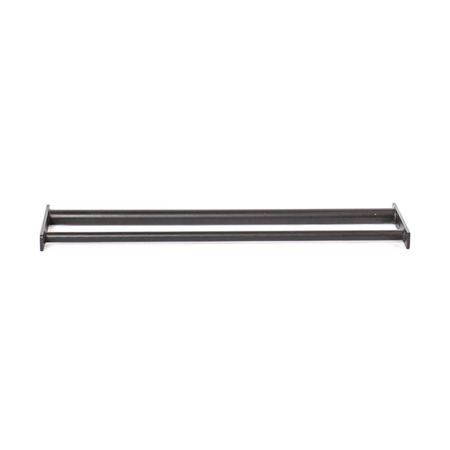 A straightforward black towel bar, with its two parallel rods reminiscent of a classic pull up bar, much like the Fat/Skinny Pull Up Bar from Bells of Steel, is mounted on a white wall.