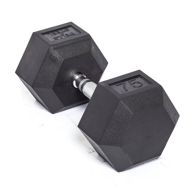 A horizontal, single 75 lb black hexagonal rubber dumbbell with a metal handle from Bells of Steel's Ergo Rubber Hex Dumbbells sits on a plain white surface, featuring an ergonomic grip for durability.