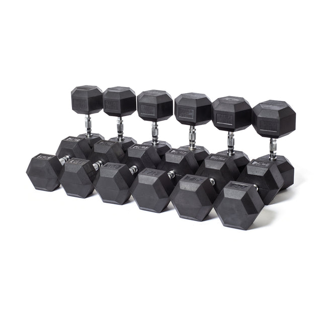 A set of black Ergo Rubber Hex Dumbbells from Bells of Steel, arranged on a white background, showcases different weights. These commercial-grade dumbbells feature ergonomic grips with metallic handles for comfort and durability.