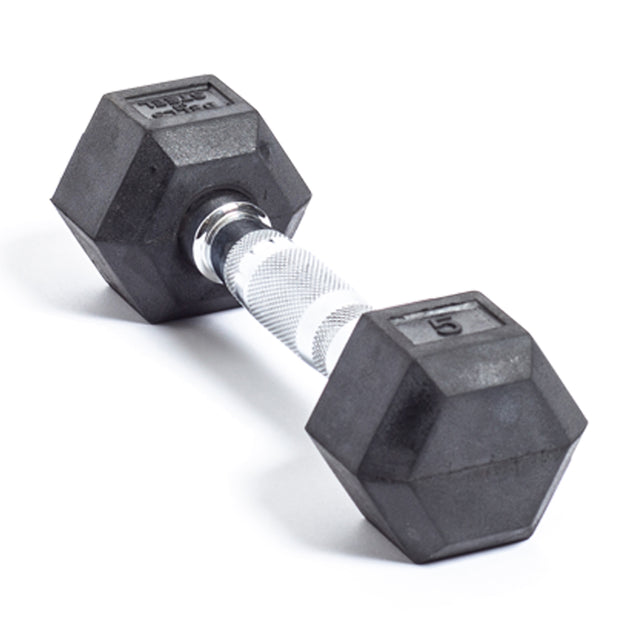 A single Bells of Steel Ergo Rubber Hex Dumbbell, made from recycled rubber with a chrome-plated handle and a weight marking of 5 on each end, rests on a white surface.