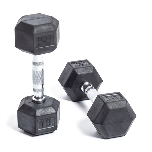 Two Bells of Steel Ergo Rubber Hex Dumbbells with chrome-plated handles are on a white surface, one upright and the other lying down, showing "10" on its end.