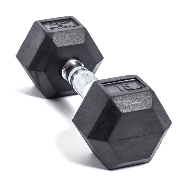 A Bells of Steel Ergo Rubber Hex Dumbbell featuring chrome-plated handles and a "15 lb" label on black weight plates, is positioned diagonally on a white background.