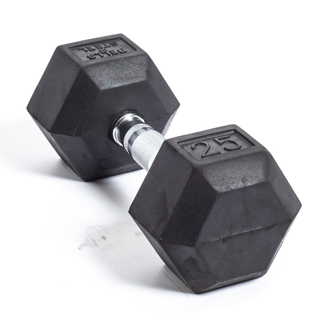 The Bells of Steel Ergo Rubber Hex Dumbbell, featuring a black hexagonal design, ergonomic grip, and silver handle, weighs 25 pounds and is set against a white background.