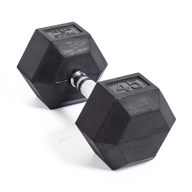 A close-up image highlights two Bells of Steel Ergo Rubber Hex Dumbbells, each with a "4.5" weight label engraved on their sides. The commercial-grade dumbbells, featuring a textured ergonomic grip handle, stand out against a plain white background.