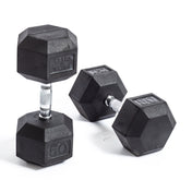 Two Bells of Steel Ergo Rubber Hex Dumbbells are shown on a pristine white background; one upright and the other resting, featuring ergonomic metal grips with a 50 marking.