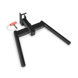 Black metal Y Dip Bar Rack Attachment for a power rack, featuring a removable pin on a tether.