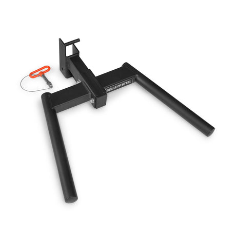 Black metal Y Dip Bar Rack Attachment for a power rack, featuring a removable pin on a tether.