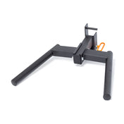 The Y Dip Bar Rack Attachment by Bells of Steel is a robust black, T-shaped metal accessory that includes two cylindrical arms. It features an orange handle and a square mounting bracket, and is displayed against a simple white background.