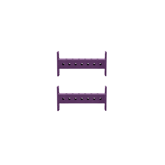 Two Hydra Crossmembers from Bells of Steel, featuring a purple finish and evenly spaced perforations, are positioned horizontally, one above the other, on a plain white background.