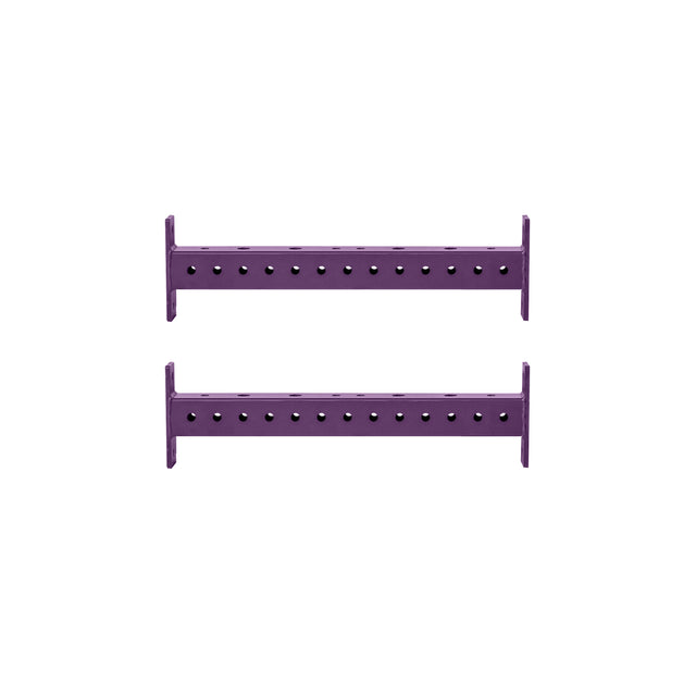 Two Hydra Crossmembers from Bells of Steel, crafted in purple metal with multiple evenly spaced holes, are positioned parallel to each other on a white background.