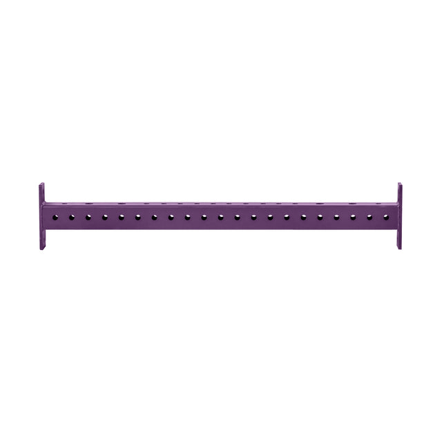 A purple Hydra Crossmember by Bells of Steel, featuring evenly spaced holes, stands vertically against a white background.