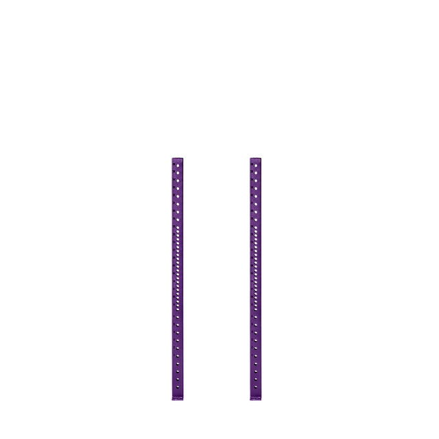 Two parallel purple vertical bars with numerous evenly spaced holes, resembling Bells of Steel's Hydra Vertical Uprights, stand against a plain white background.