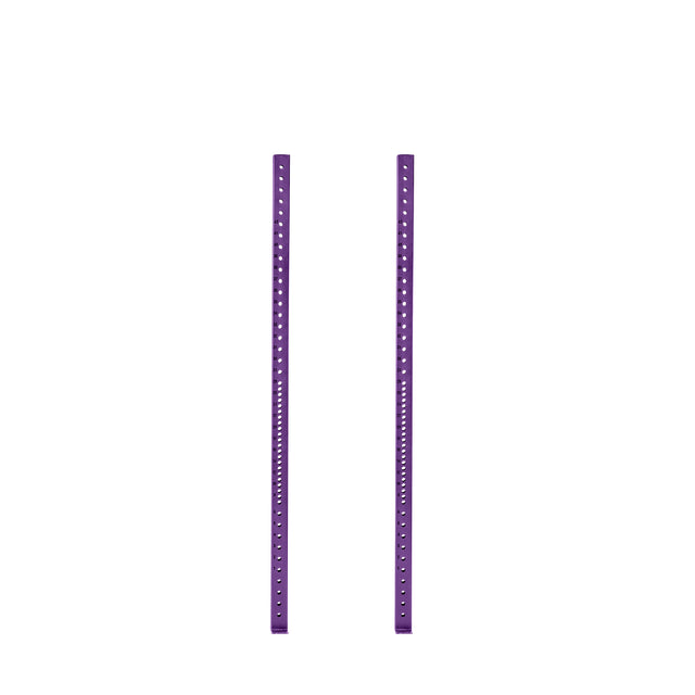 Two vertical purple metal uprights with evenly spaced holes stand parallel on a white background, similar to the sturdy design of Bells of Steel's Hydra Vertical Uprights.