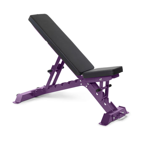 The Buzz-Saw Heavy-Duty Adjustable Bench by Bells of Steel, featuring a black cushioned seat and backrest in a purple frame, sits inclined against a white background, ready to elevate your exercise routine.