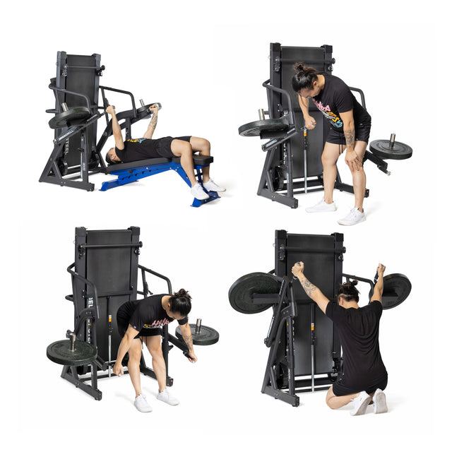 A person performs bench press, bent-over rows, upright rows, and tricep extensions on The Dreadmill by Bells of Steel. Wearing a black shirt, shorts, and white sneakers, they have plates loaded onto the machine.