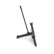 A Bells of Steel Deadlift Jack with Rollers, featuring a black metal design, offers a foldable tripod structure with an adjustable neck support and smooth nylon rollers for easy maneuverability.