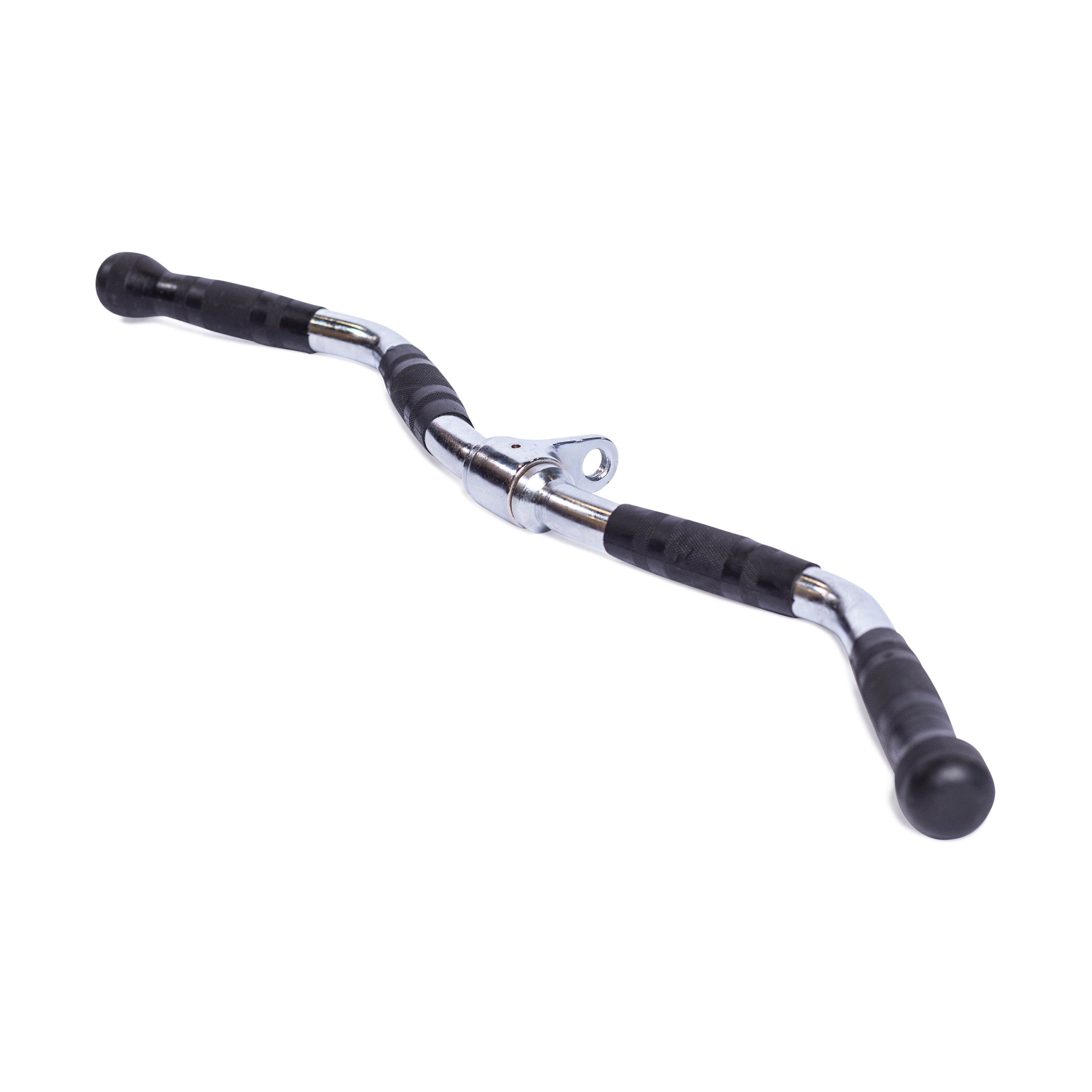 A Bells of Steel Multi Grip Curl Bar Cable Attachment, featuring a chrome finish and black rubber grips at both ends, designed for arm muscle isolation workouts on cable machines, isolated on a white background.