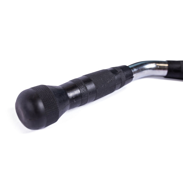 Close-up of the textured grip handle of the Bells of Steel Multi Grip Curl Bar Cable Attachment, showcasing its black and silver design. The slightly curved handle tapers toward a rounded end, making it perfect for focused arm muscle isolation. It stands out against a plain white background, highlighting the precision akin to a cable machine workout.